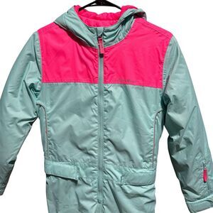 Eddie Bauer Kids One Piece Ski Snow Suit Teal Pink Hooded Size M 10/12